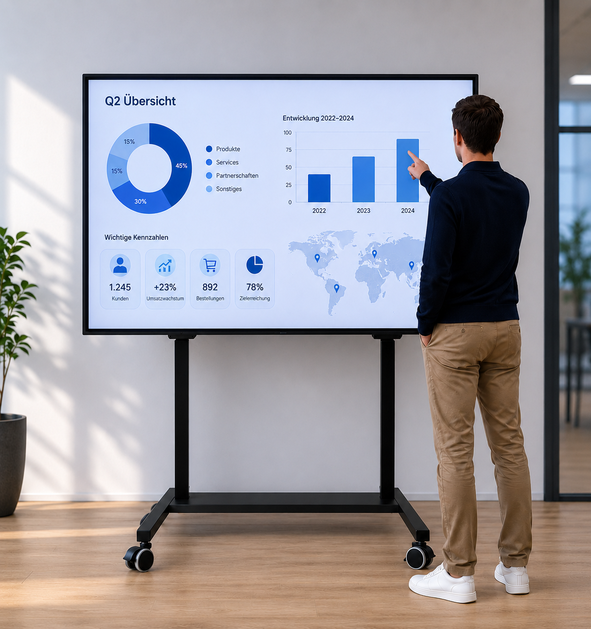 Interaktives Whiteboard 86'' 4K Touchdisplay mit Fahrgestell