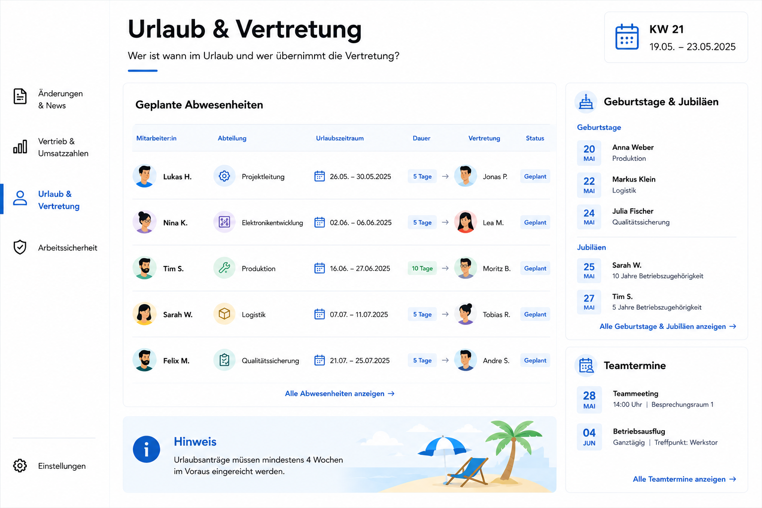 Urlaubs- und Vertretungs&uuml;bersicht